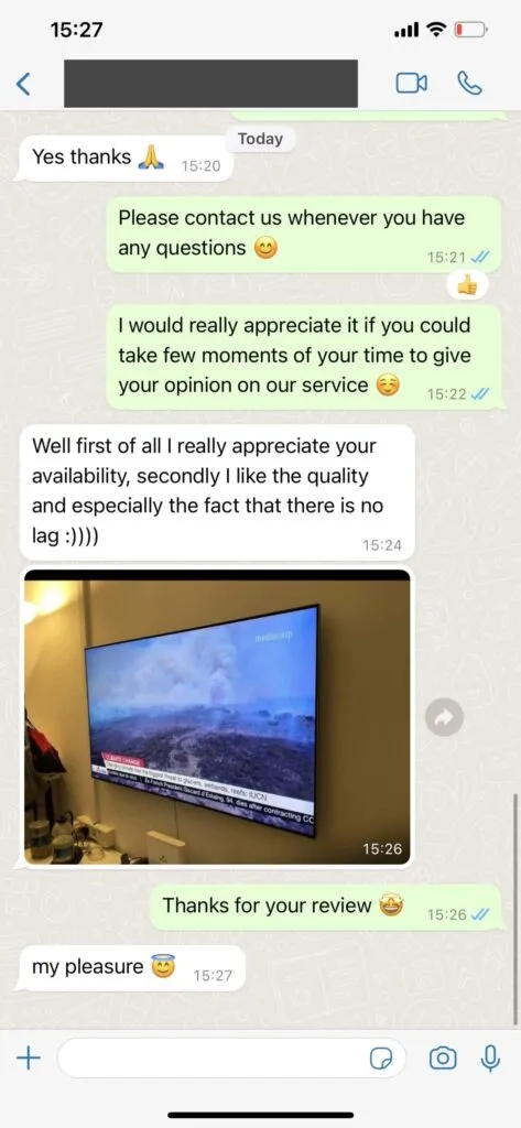 WhatsApp message: Positive customer feedback